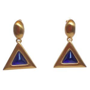 Anne Klein Couture vintage gold-tone‎ & faux blue gem dangle pierced earrings OS